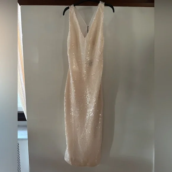 NWT Massimo Dutti Studio blush sequin dress with chiffon open back side slit  S - Picture 4 of 14